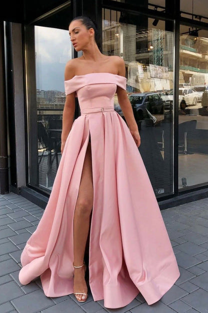 Pink Satin Long A-Line Prom Dress, Simple Off the Shoulder Evening Dress with Slit