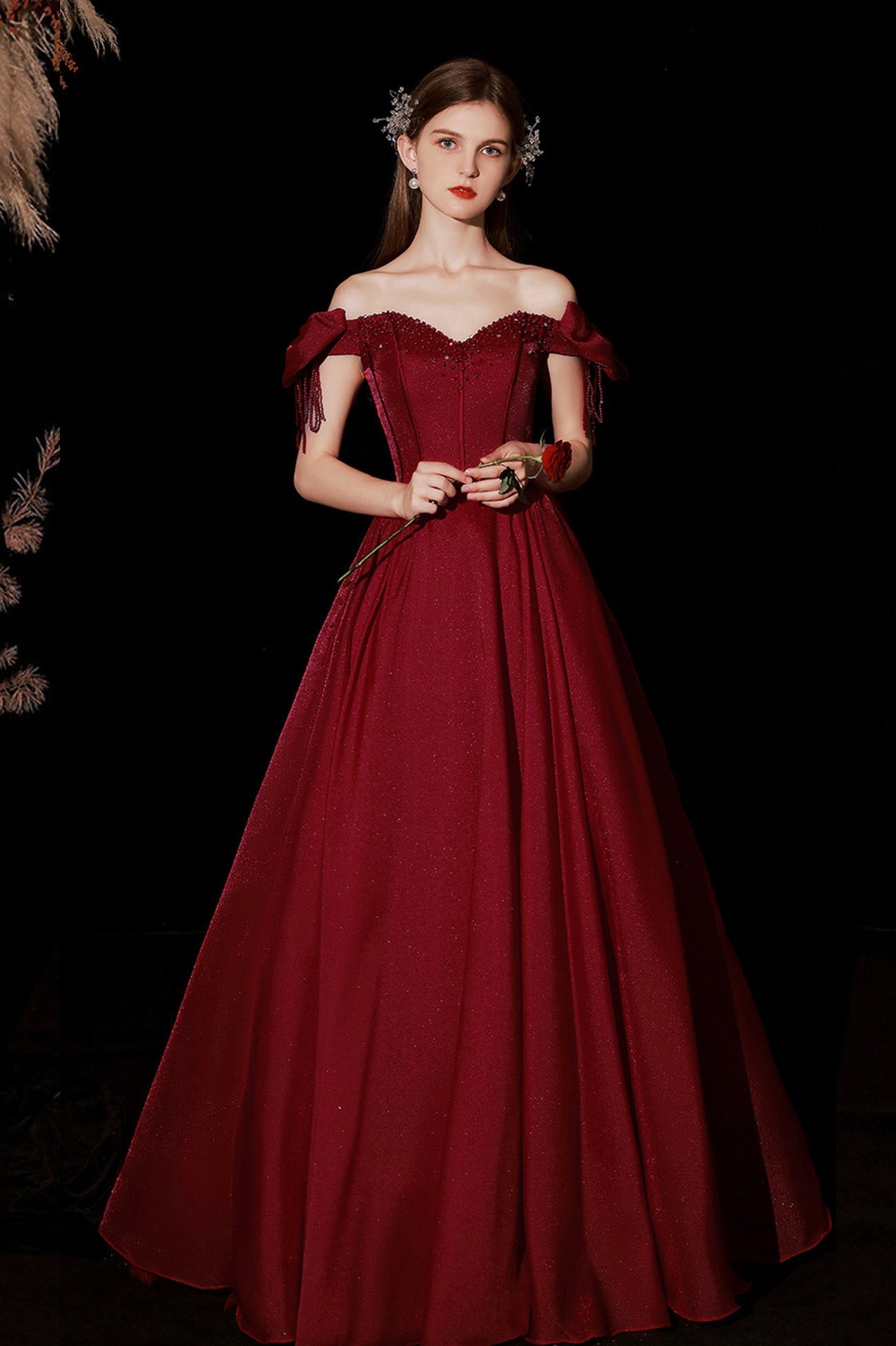 Burgundy Satin Long A-Line Prom Dress, Cute Off the Shoulder Graduation Dress