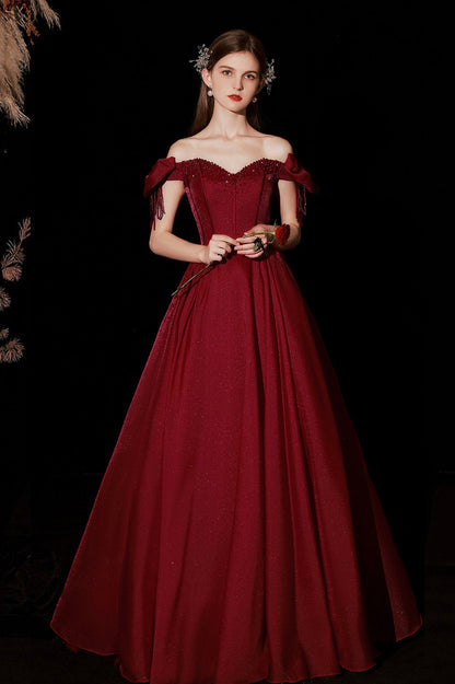Burgundy Satin Long A-Line Prom Dress, Cute Off the Shoulder Graduation Dress