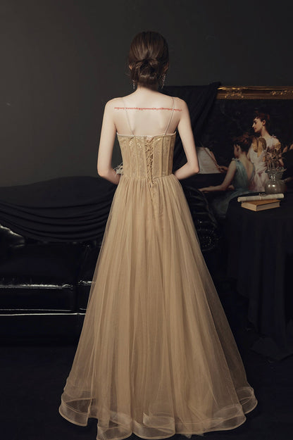Stylish Tulle Long A-Line Prom Dress, Champagne Strapless Evening Party Dress