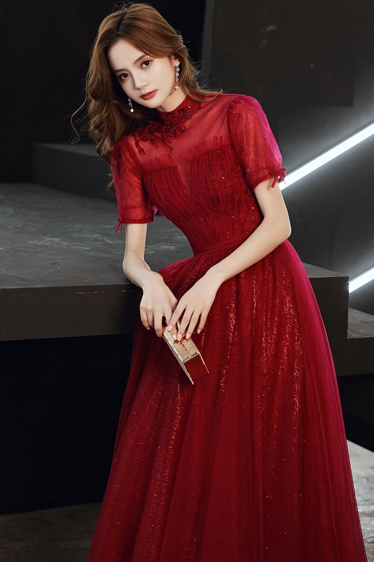 Burgundy Tulle Long A-Line Prom Dress, Burgundy Lace Evening Dress