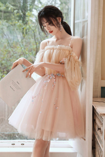 Pink Tulle Short A-Line Prom Dress, Lovely Spaghetti Straps Homecoming Party Dress