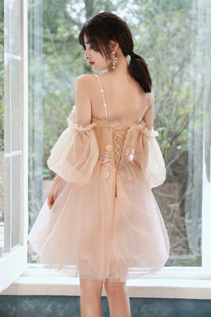 Pink Tulle Short A-Line Prom Dress, Lovely Spaghetti Straps Homecoming Party Dress