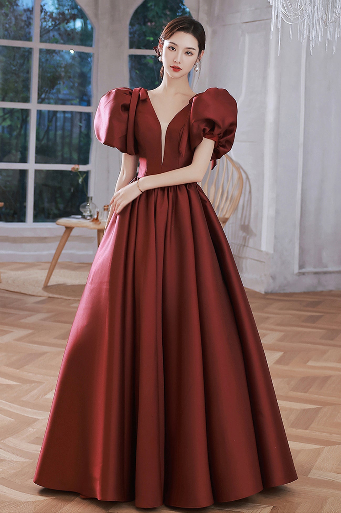 Burgundy Satin Long A-Line Prom Dress, V-Neck Short Sleeve Evening Dress