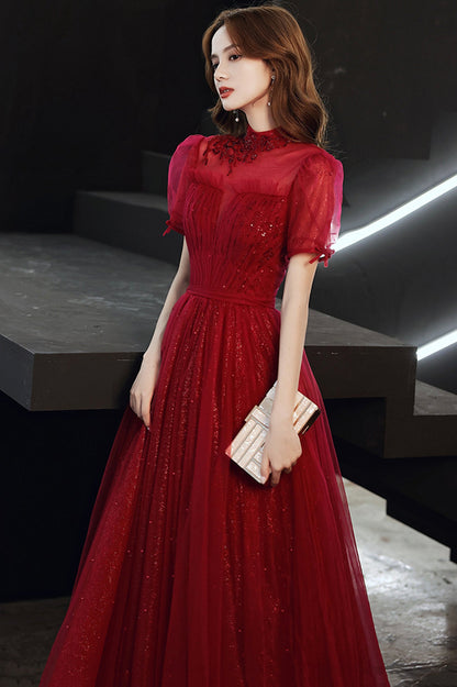 Burgundy Tulle Long A-Line Prom Dress, Burgundy Lace Evening Dress