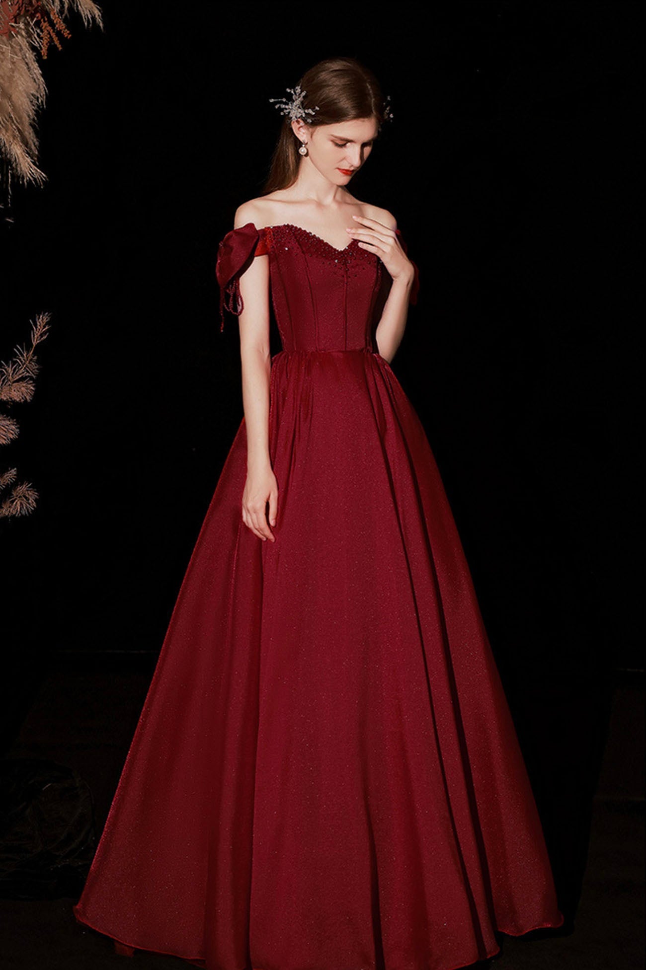 Burgundy Satin Long A-Line Prom Dress, Cute Off the Shoulder Graduation Dress