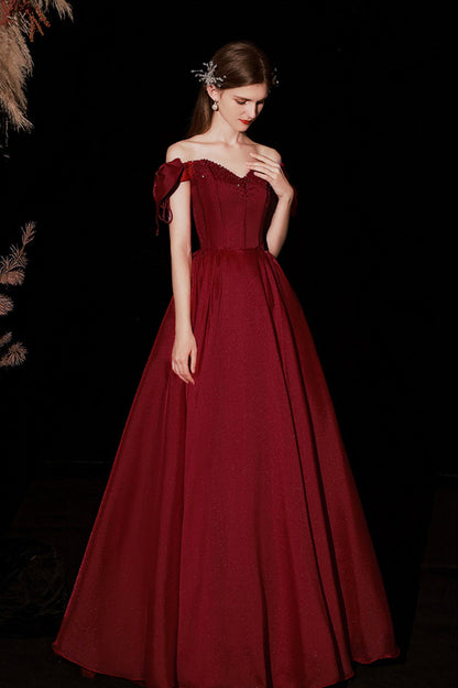 Burgundy Satin Long A-Line Prom Dress, Cute Off the Shoulder Graduation Dress