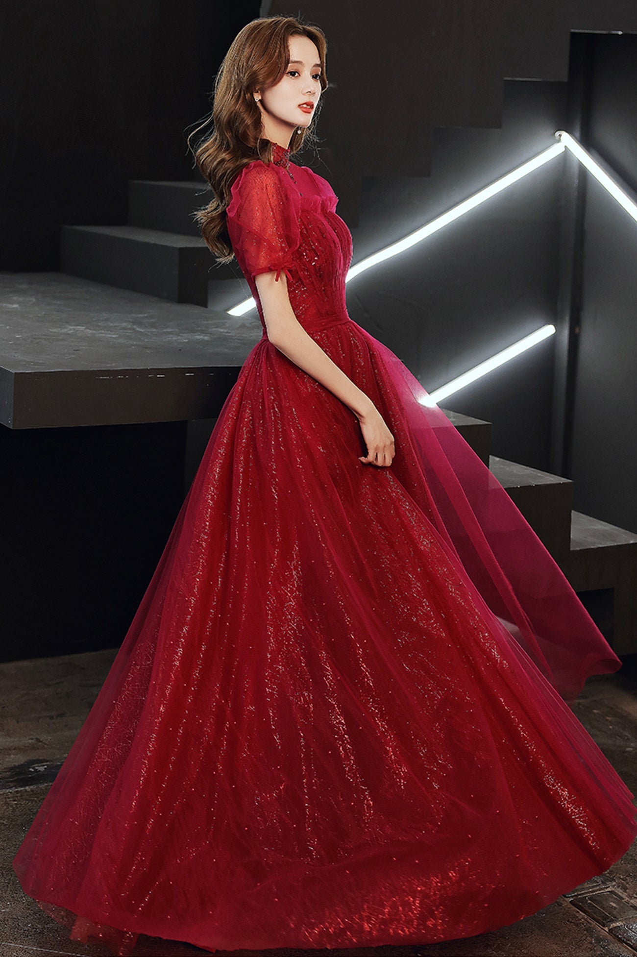 Burgundy Tulle Long A-Line Prom Dress, Burgundy Lace Evening Dress