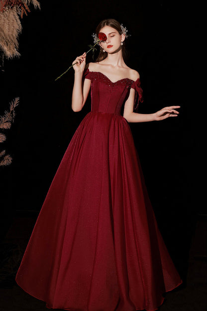 Burgundy Satin Long A-Line Prom Dress, Cute Off the Shoulder Graduation Dress