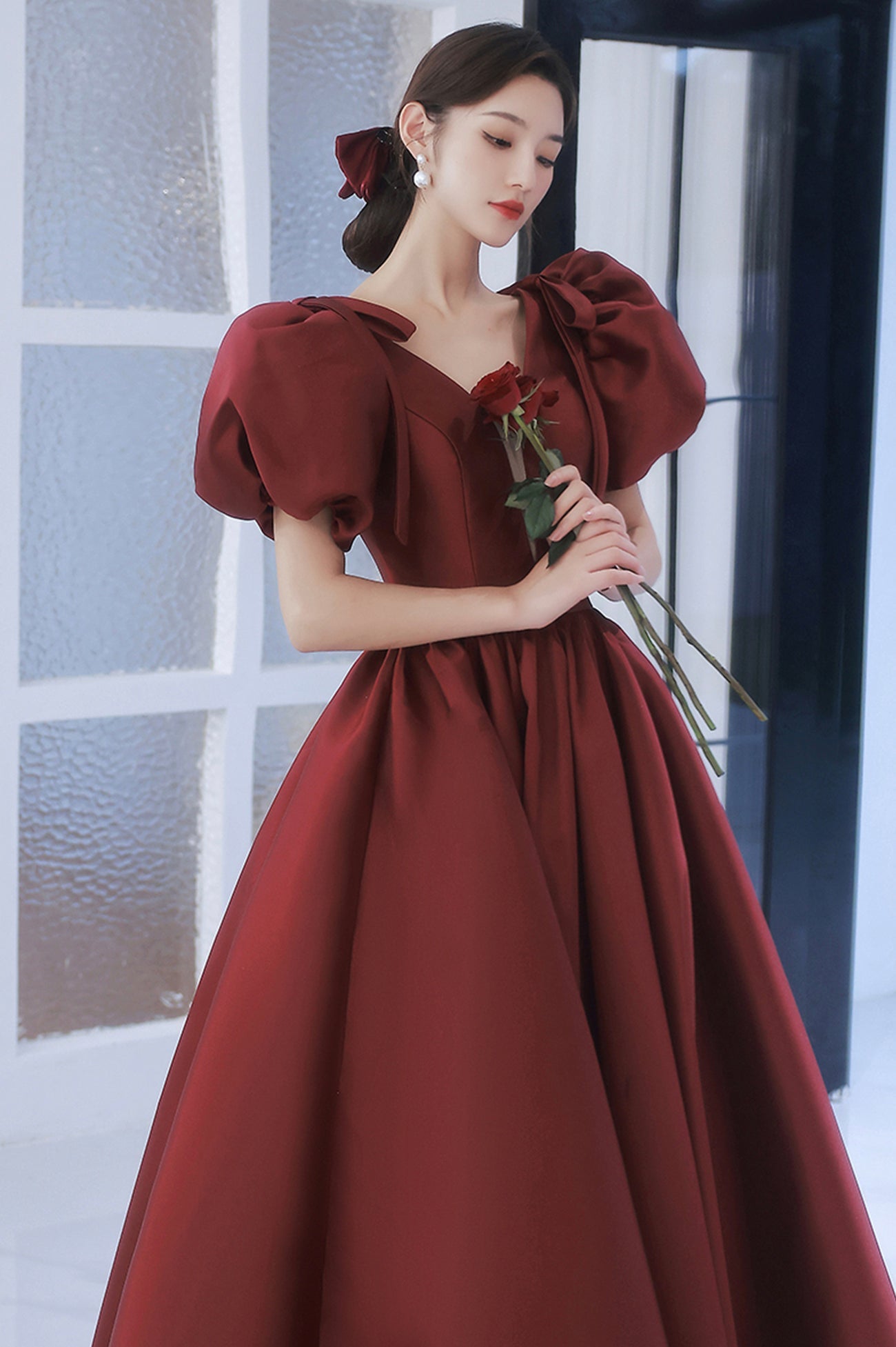 Burgundy Satin Long A-Line Prom Dress, V-Neck Short Sleeve Evening Dress