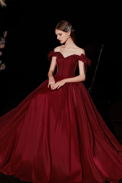 Burgundy Satin Long A-Line Prom Dress, Cute Off the Shoulder Graduation Dress