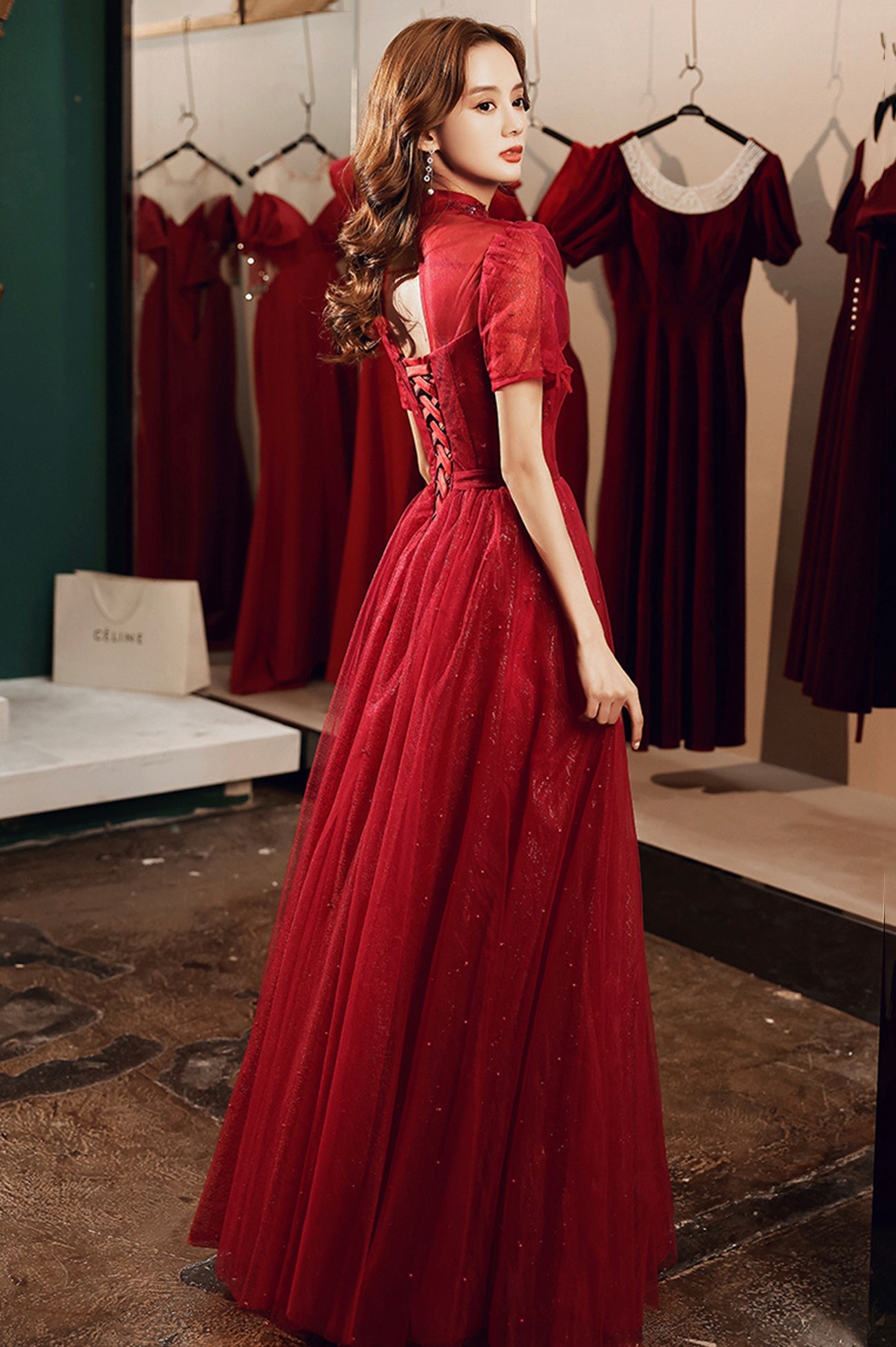 Burgundy Tulle Long A-Line Prom Dress, Burgundy Lace Evening Dress