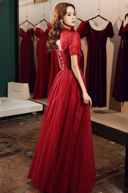 Burgundy Tulle Long A-Line Prom Dress, Burgundy Lace Evening Dress