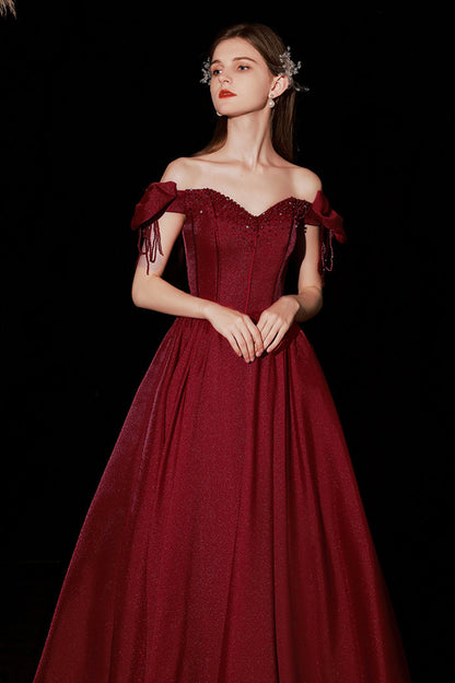 Burgundy Satin Long A-Line Prom Dress, Cute Off the Shoulder Graduation Dress