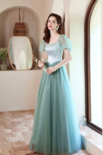 A-Line Satin Tulle Long Prom Dress, Green Short Sleeve Evening Party Dress