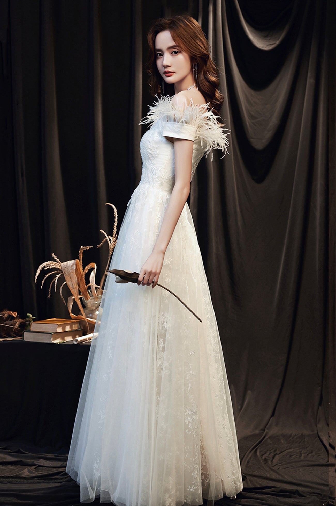 White Lace Long A-Line Prom Dress with Feather, Off the Shoulder Evening Dress