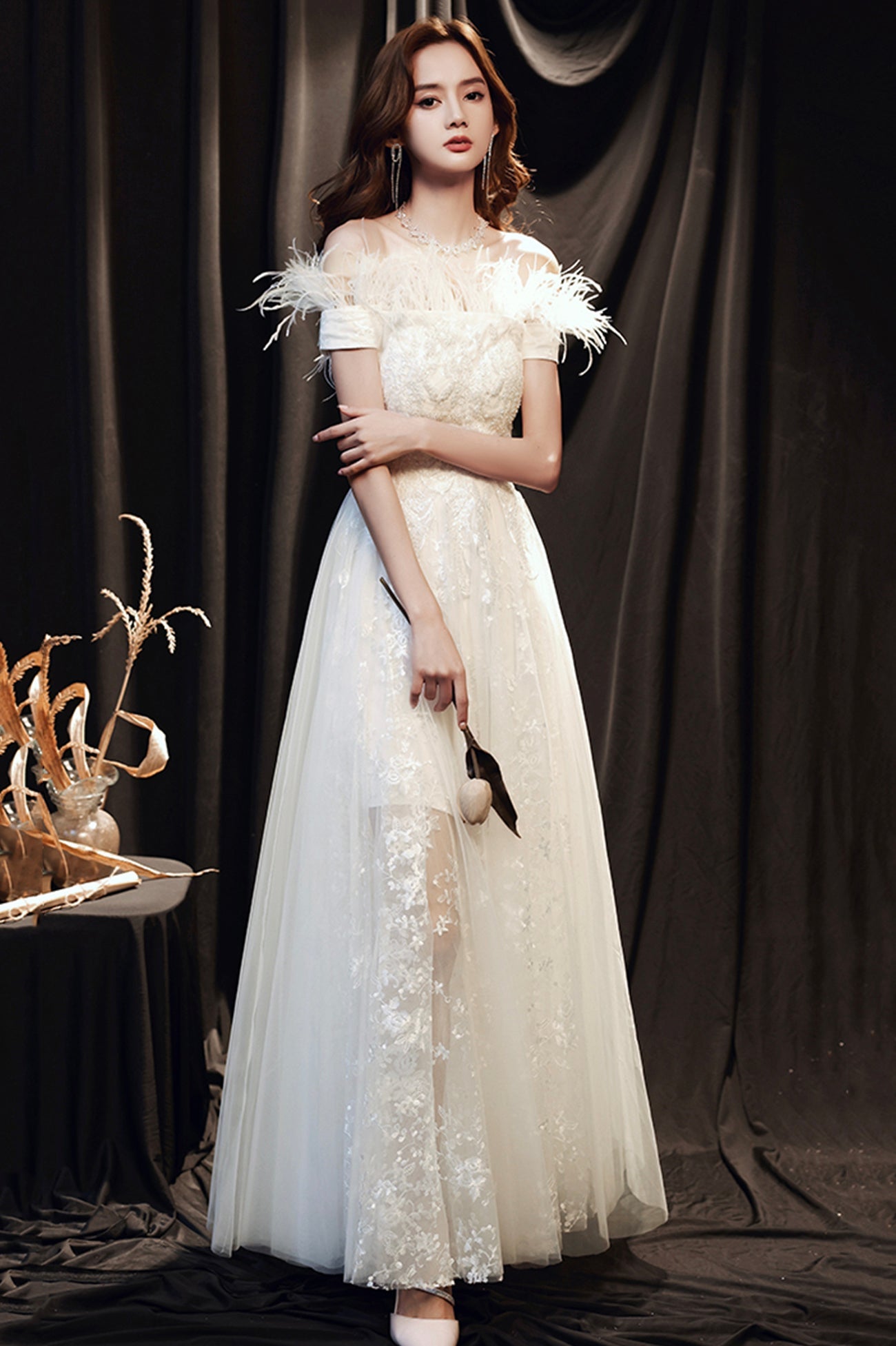 White Lace Long A-Line Prom Dress with Feather, Off the Shoulder Evening Dress