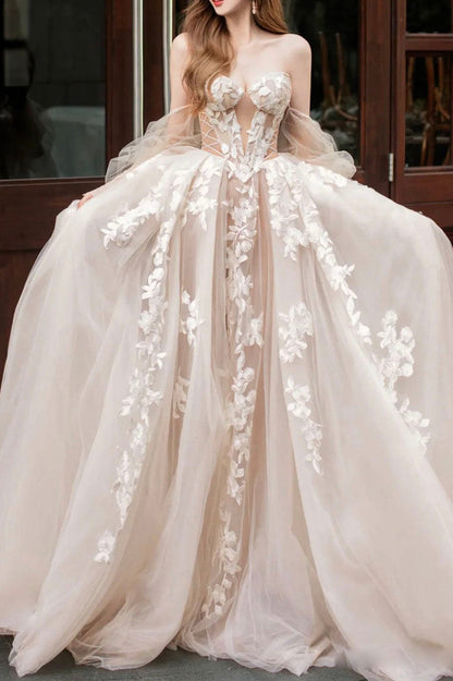 Champagne Lace Long A-Line Ball Gown