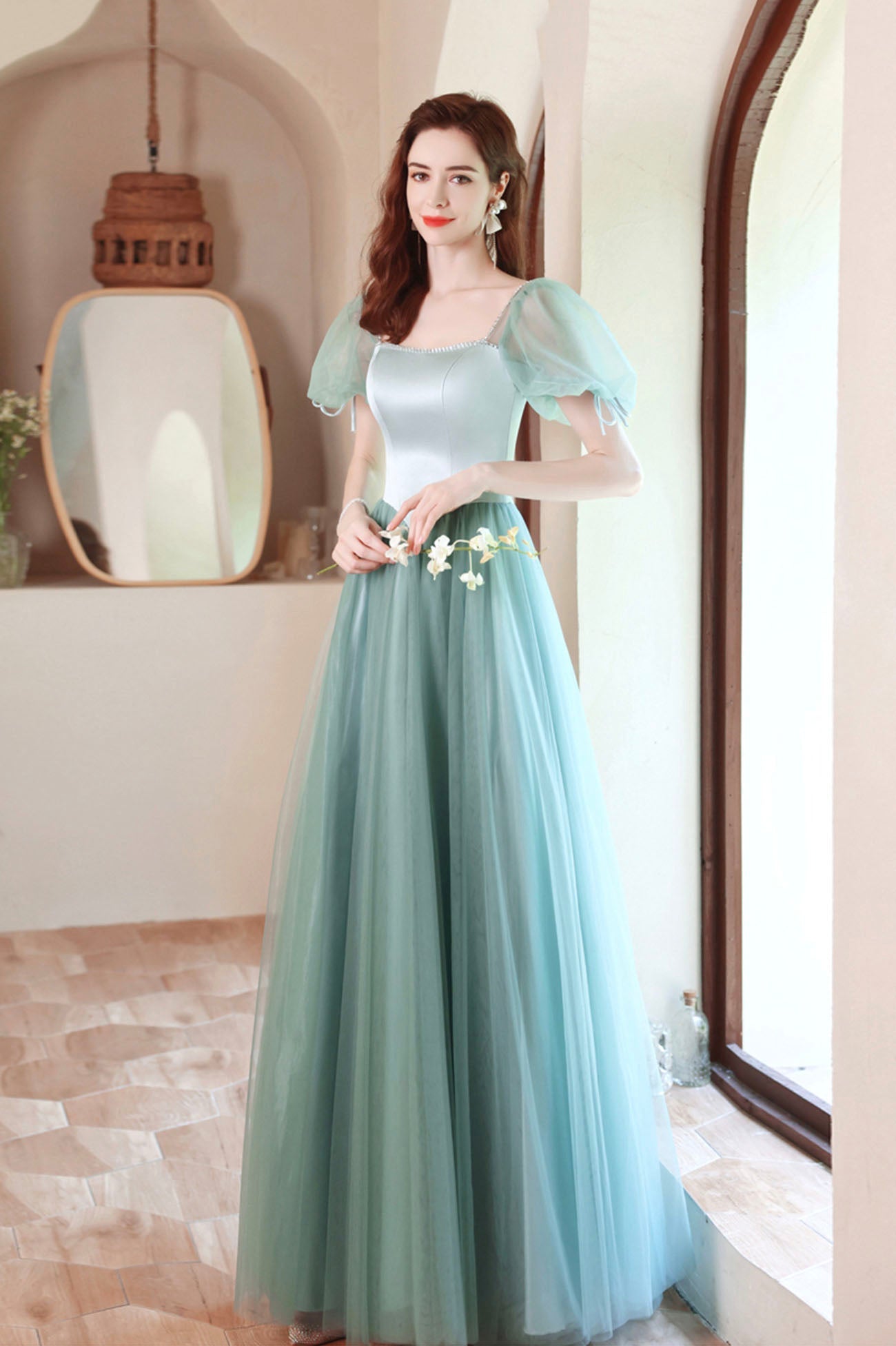 A-Line Satin Tulle Long Prom Dress, Green Short Sleeve Evening Party Dress