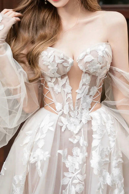 Champagne Lace Long A-Line Ball Gown