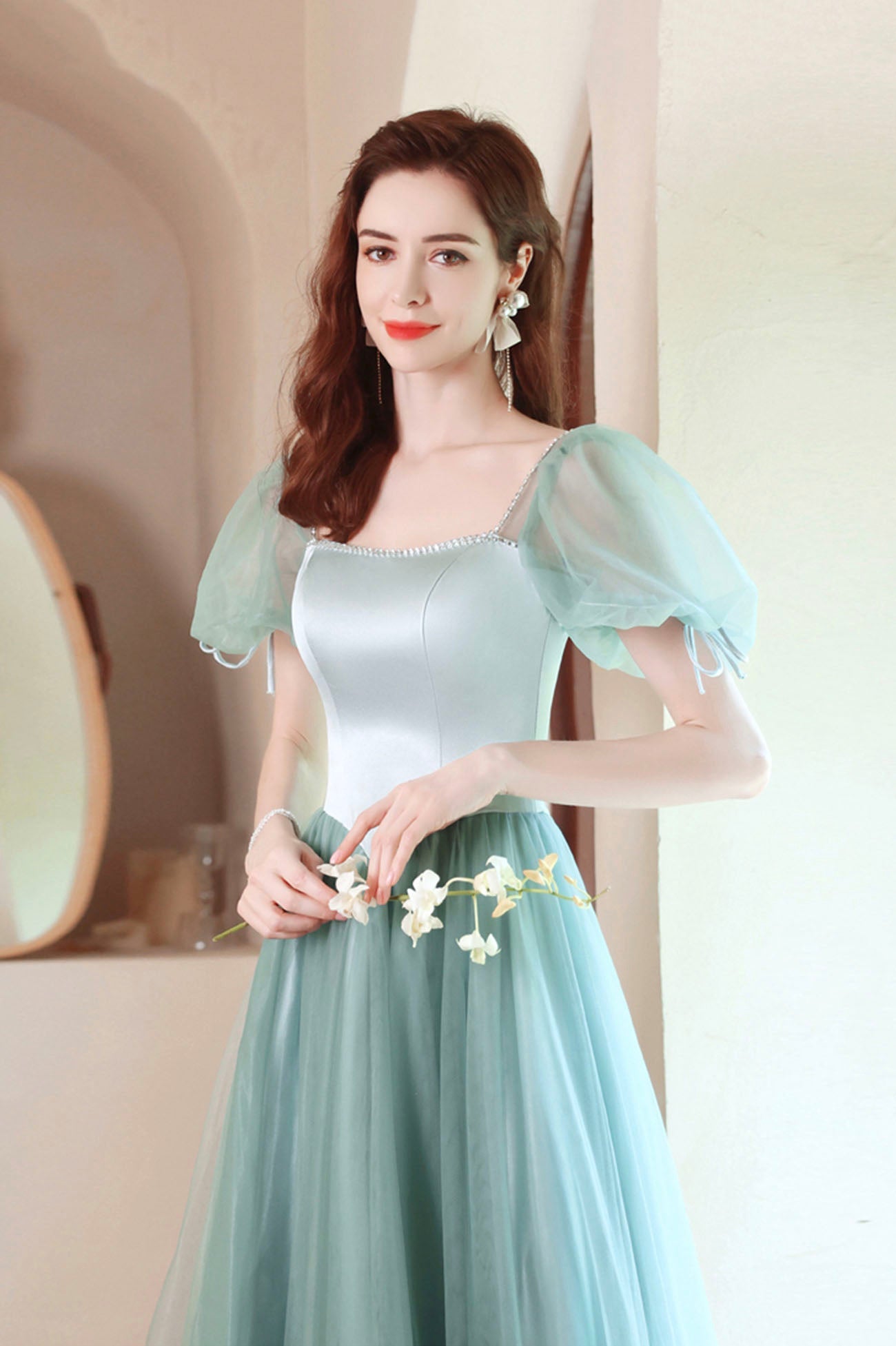 A-Line Satin Tulle Long Prom Dress, Green Short Sleeve Evening Party Dress