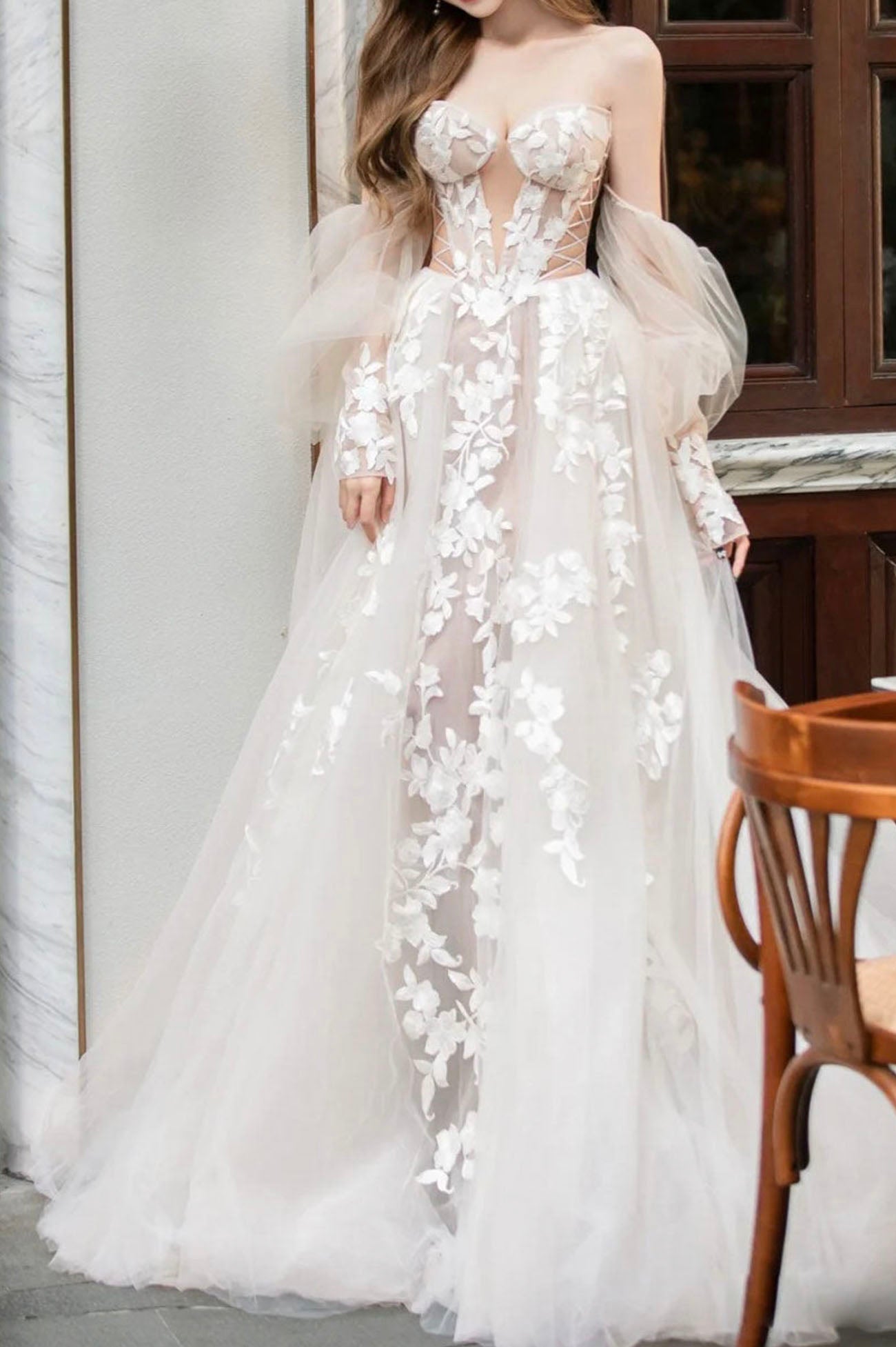 Champagne Lace Long A-Line Ball Gown