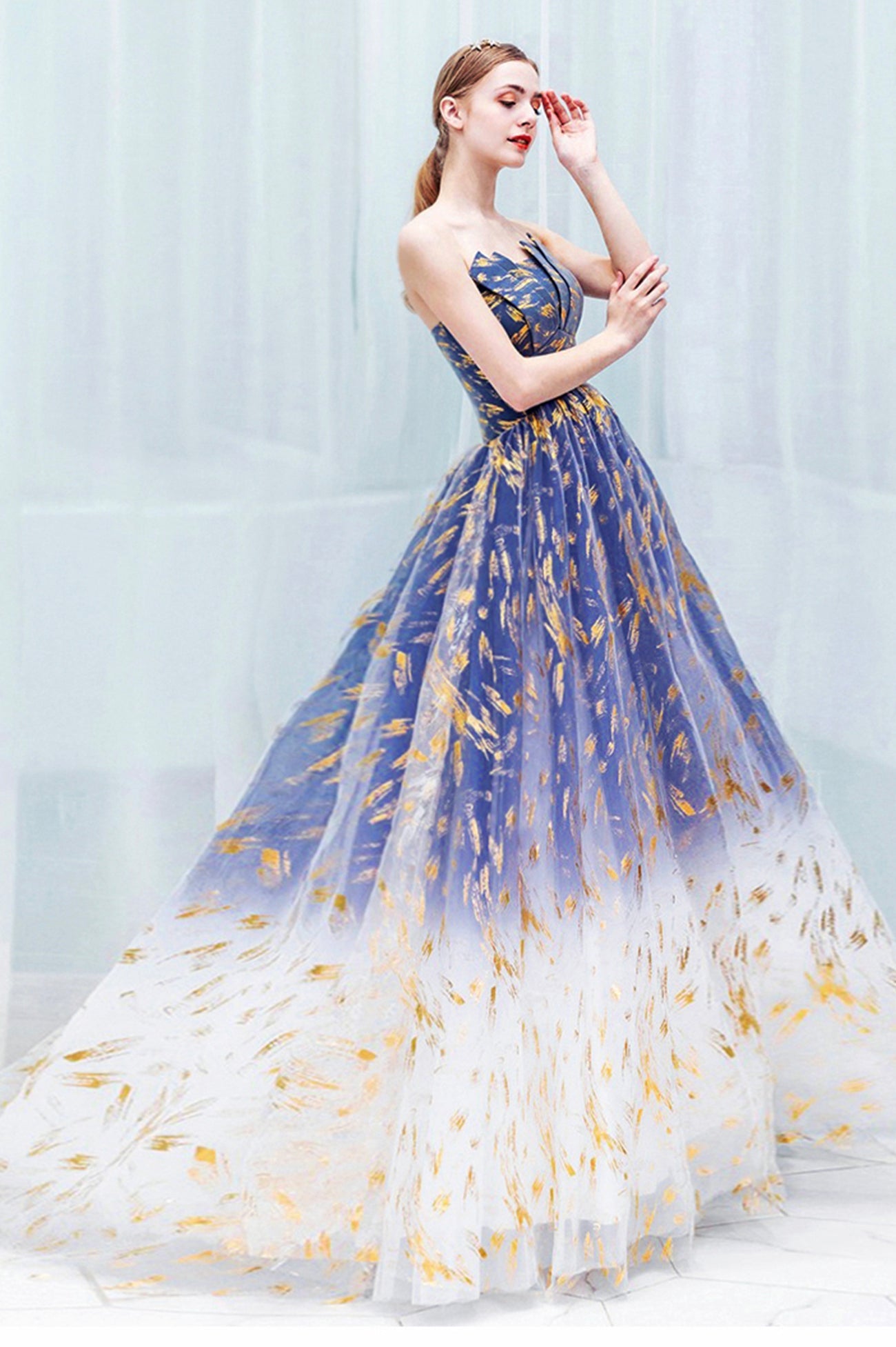 Blue Gradient Tulle Long A-Line Prom Dress, Blue Strapless Evening Party Dress