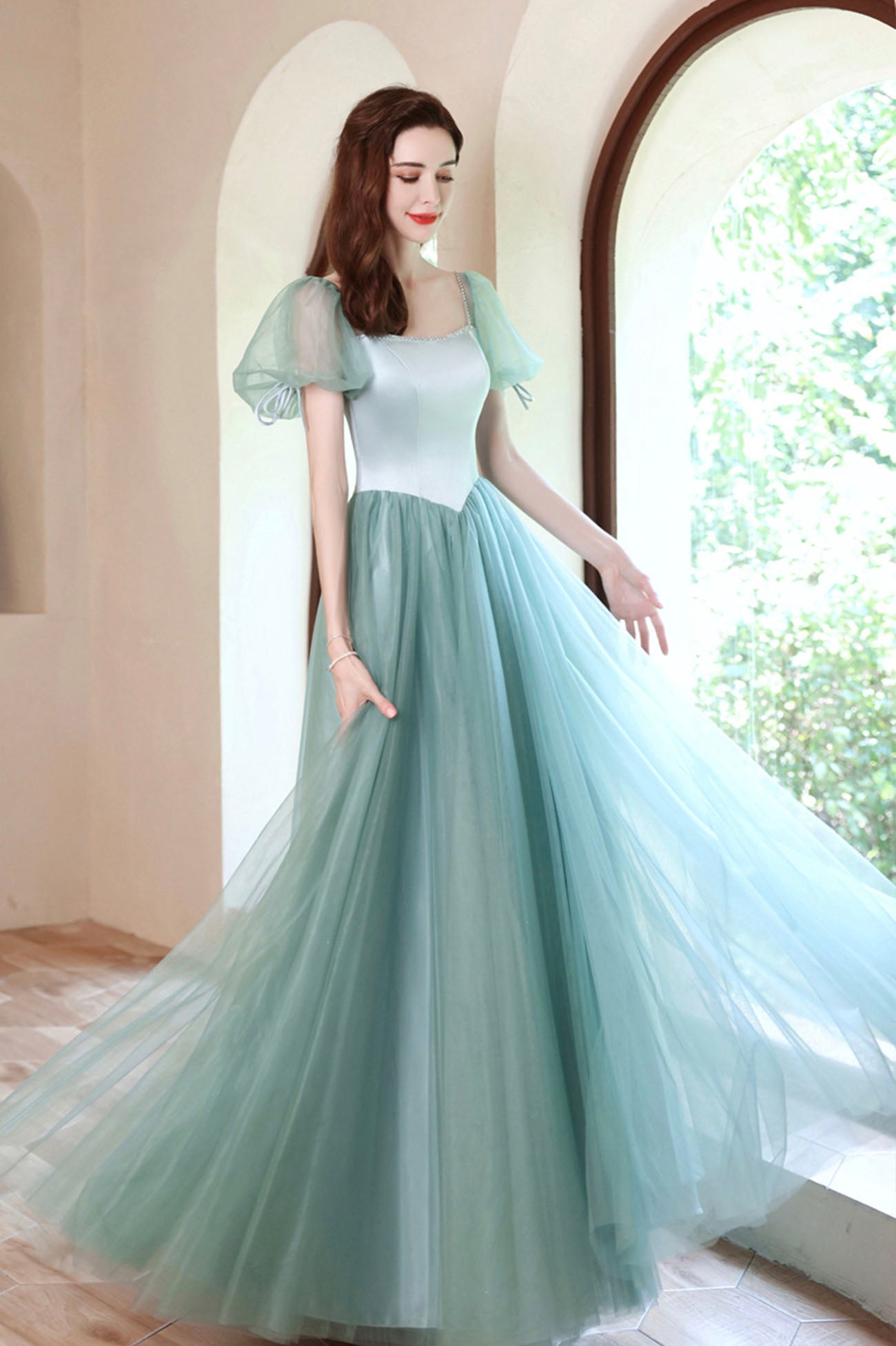 A-Line Satin Tulle Long Prom Dress, Green Short Sleeve Evening Party Dress