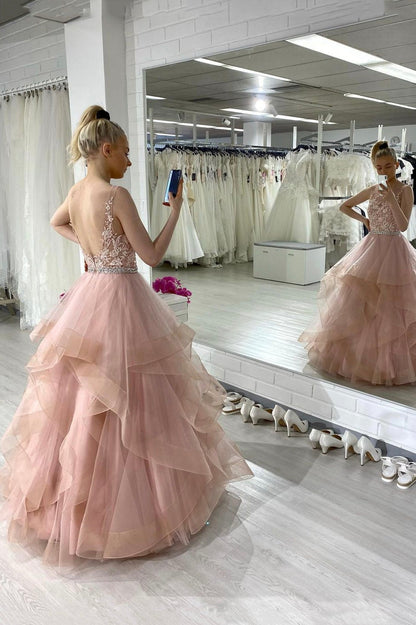 Pink Lace Long A-Line Prom Dress, Pink Scoop Neckline Evening Party Dress