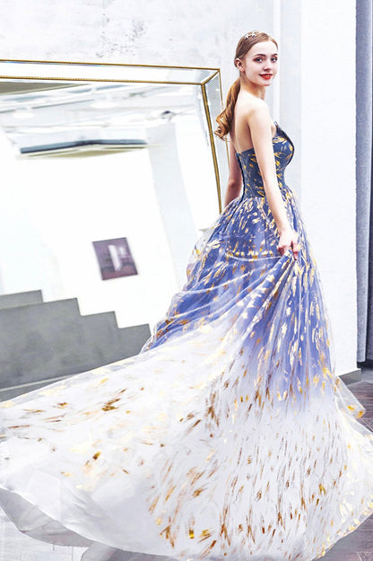 Blue Gradient Tulle Long A-Line Prom Dress, Blue Strapless Evening Party Dress