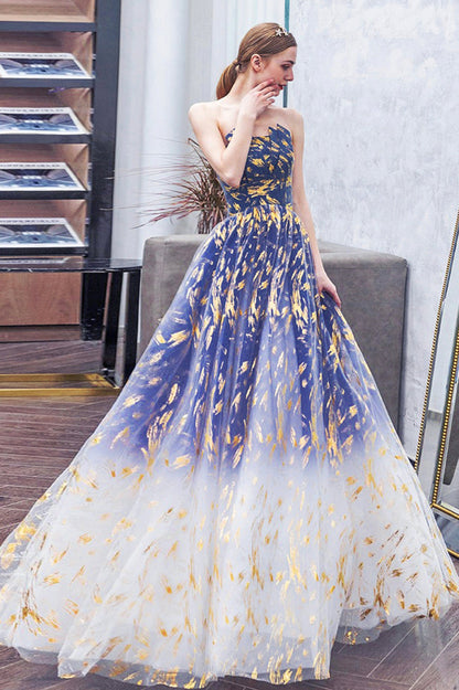 Blue Gradient Tulle Long A-Line Prom Dress, Blue Strapless Evening Party Dress