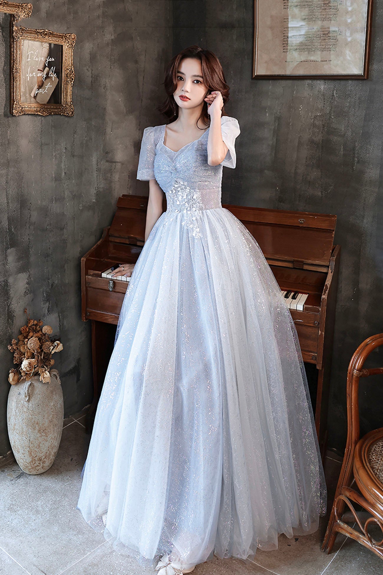 Blue Shiny Tulle Long A-Line Prom Dress, Blue Short Sleeve Evening Dress