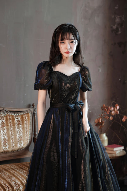 Black A-Line Tulle Long Prom Dress, Black Short Sleeve Evening Dress