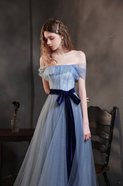 Blue Tulle Long A-Line Prom Dress, Cute Off the Shoulder Evening Graduation Dress