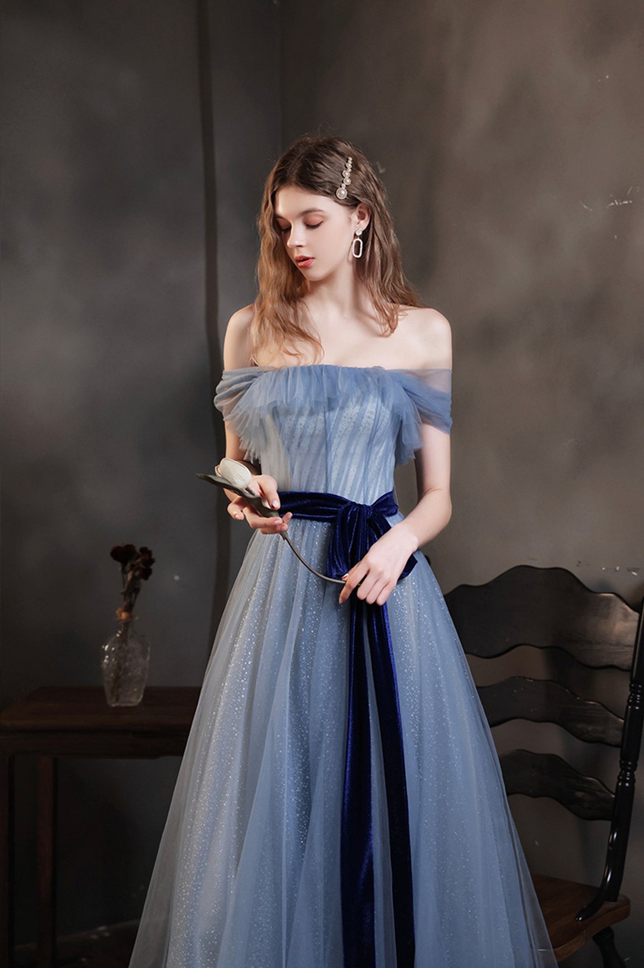 Blue Tulle Long A-Line Prom Dress, Cute Off the Shoulder Evening Graduation Dress