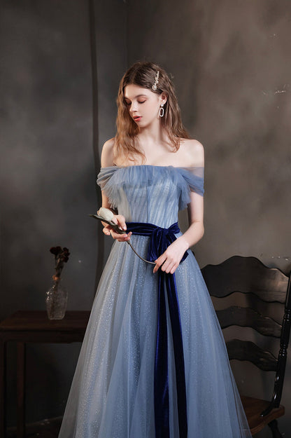 Blue Tulle Long A-Line Prom Dress, Cute Off the Shoulder Evening Graduation Dress