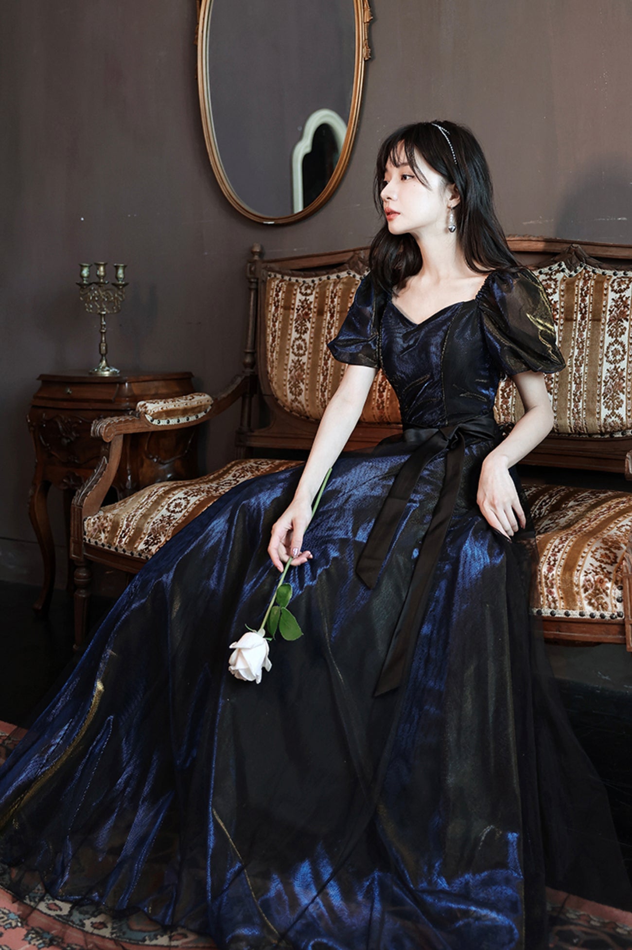 Black A-Line Tulle Long Prom Dress, Black Short Sleeve Evening Dress