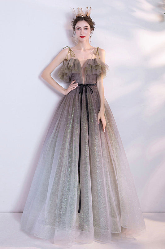 Cute Gradient Tulle Long Prom Dress, A-Line Spaghetti Straps Formal Evening Dress