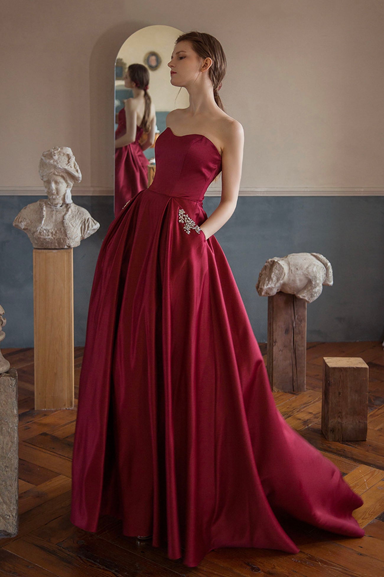 Burgundy Strapless Satin Long Prom Dress, A-Line Evening Graduation Dress