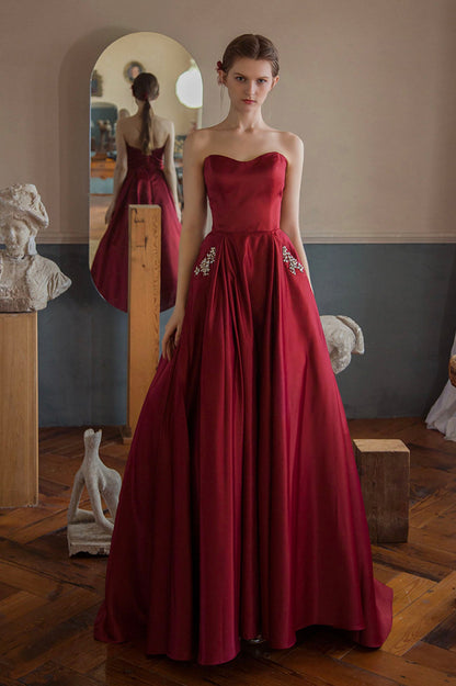 Burgundy Strapless Satin Long Prom Dress, A-Line Evening Graduation Dress