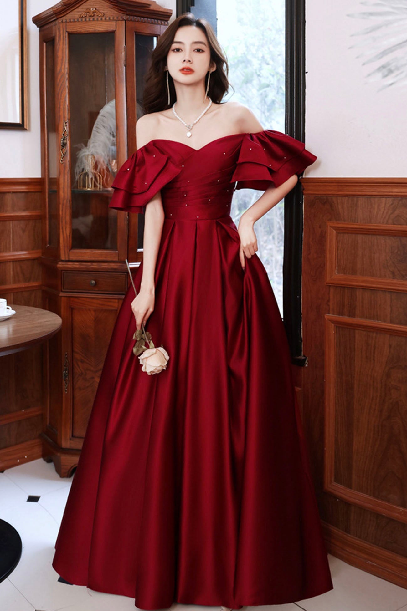 Burgundy Satin Long A-Line Prom Dress, Off the Shoulder Graduation Dress