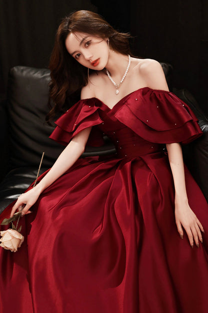 Burgundy Satin Long A-Line Prom Dress, Off the Shoulder Graduation Dress