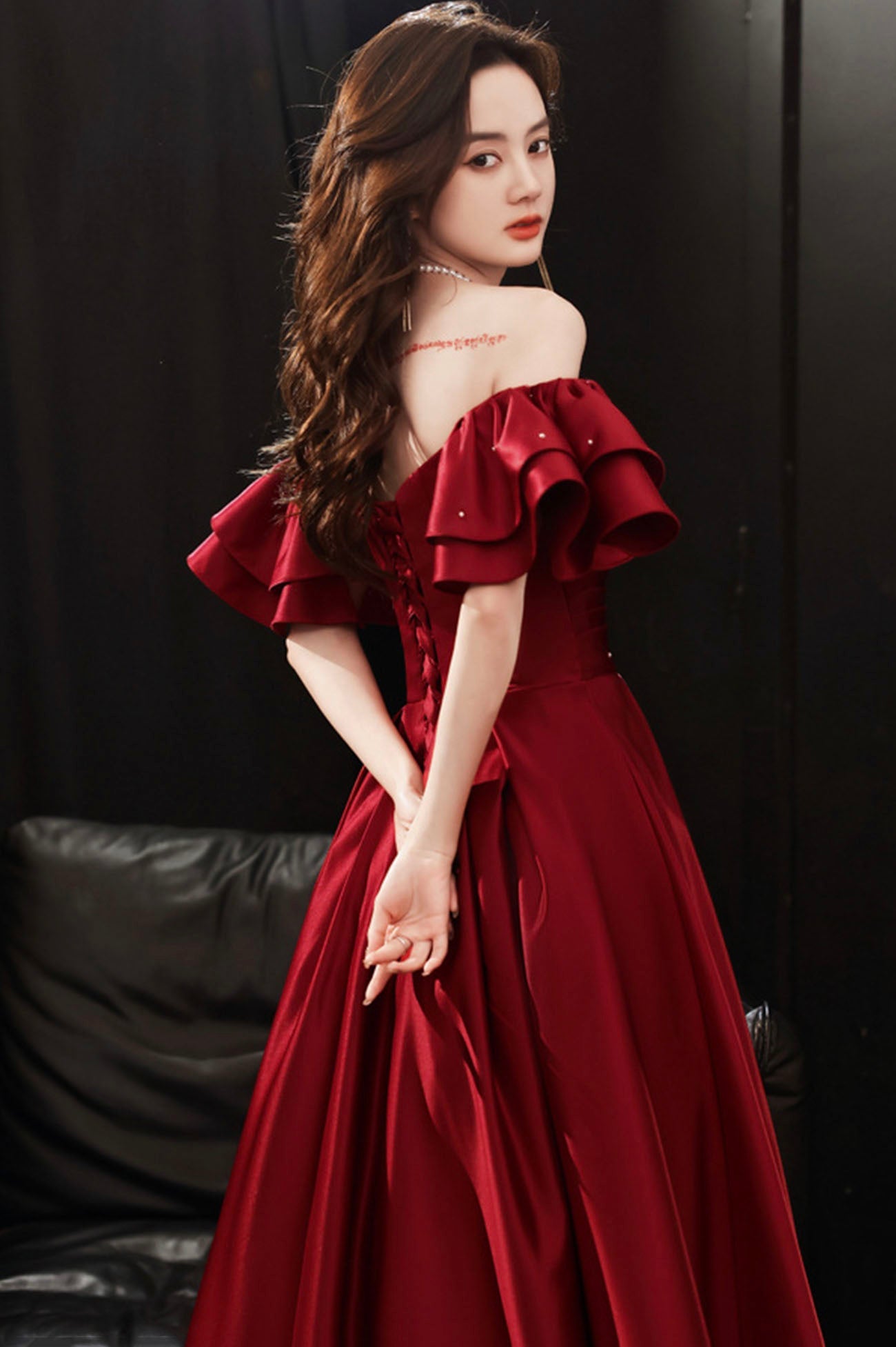 Burgundy Satin Long A-Line Prom Dress, Off the Shoulder Graduation Dress