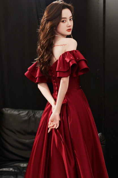 Burgundy Satin Long A-Line Prom Dress, Off the Shoulder Graduation Dress