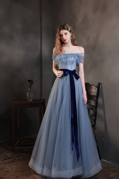 Blue Tulle Long A-Line Prom Dress, Cute Off the Shoulder Evening Graduation Dress