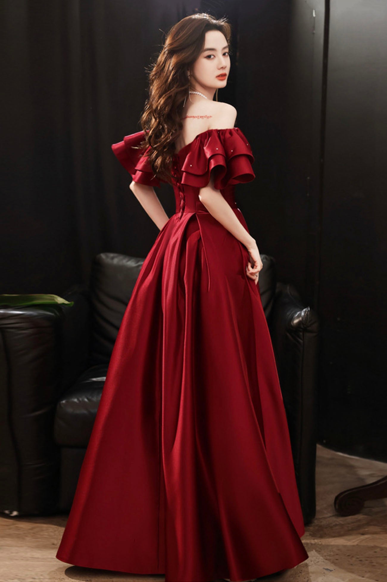 Burgundy Satin Long A-Line Prom Dress, Off the Shoulder Graduation Dress