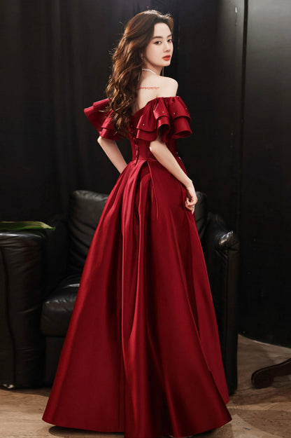 Burgundy Satin Long A-Line Prom Dress, Off the Shoulder Graduation Dress