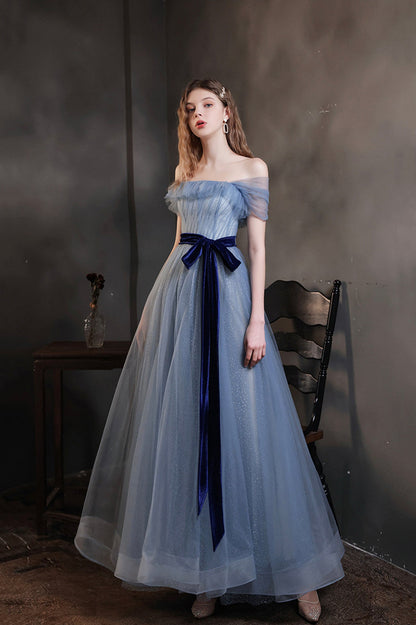 Blue Tulle Long A-Line Prom Dress, Cute Off the Shoulder Evening Graduation Dress