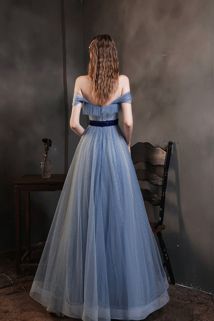 Blue Tulle Long A-Line Prom Dress, Cute Off the Shoulder Evening Graduation Dress
