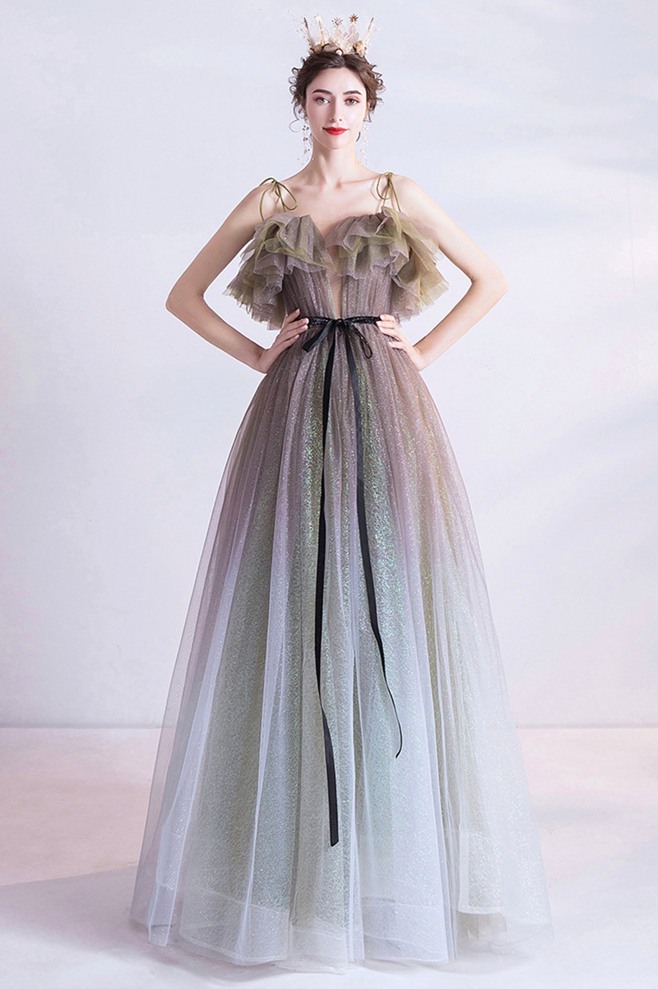 Cute Gradient Tulle Long Prom Dress, A-Line Spaghetti Straps Formal Evening Dress